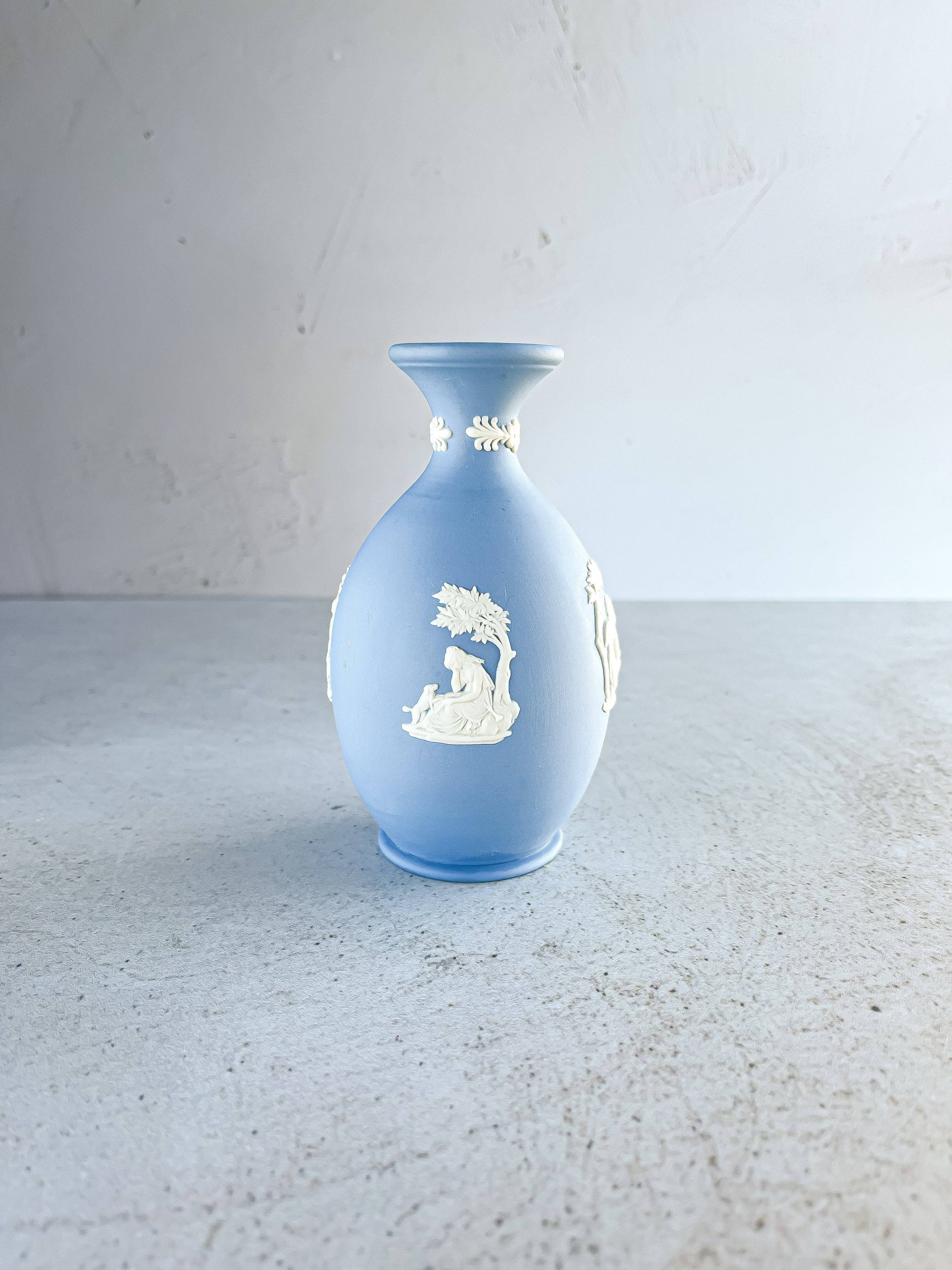 Wedgwood Jasperware Pale Blue Arcadian Bud Vase - 'Cupid Playing an Instrument' Design - SOSC Home
