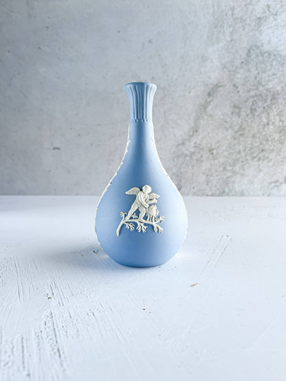 Wedgwood Jasperware Pale Blue Bud Vase - 'Cupid in Fall & Winter' Design - SOSC Home