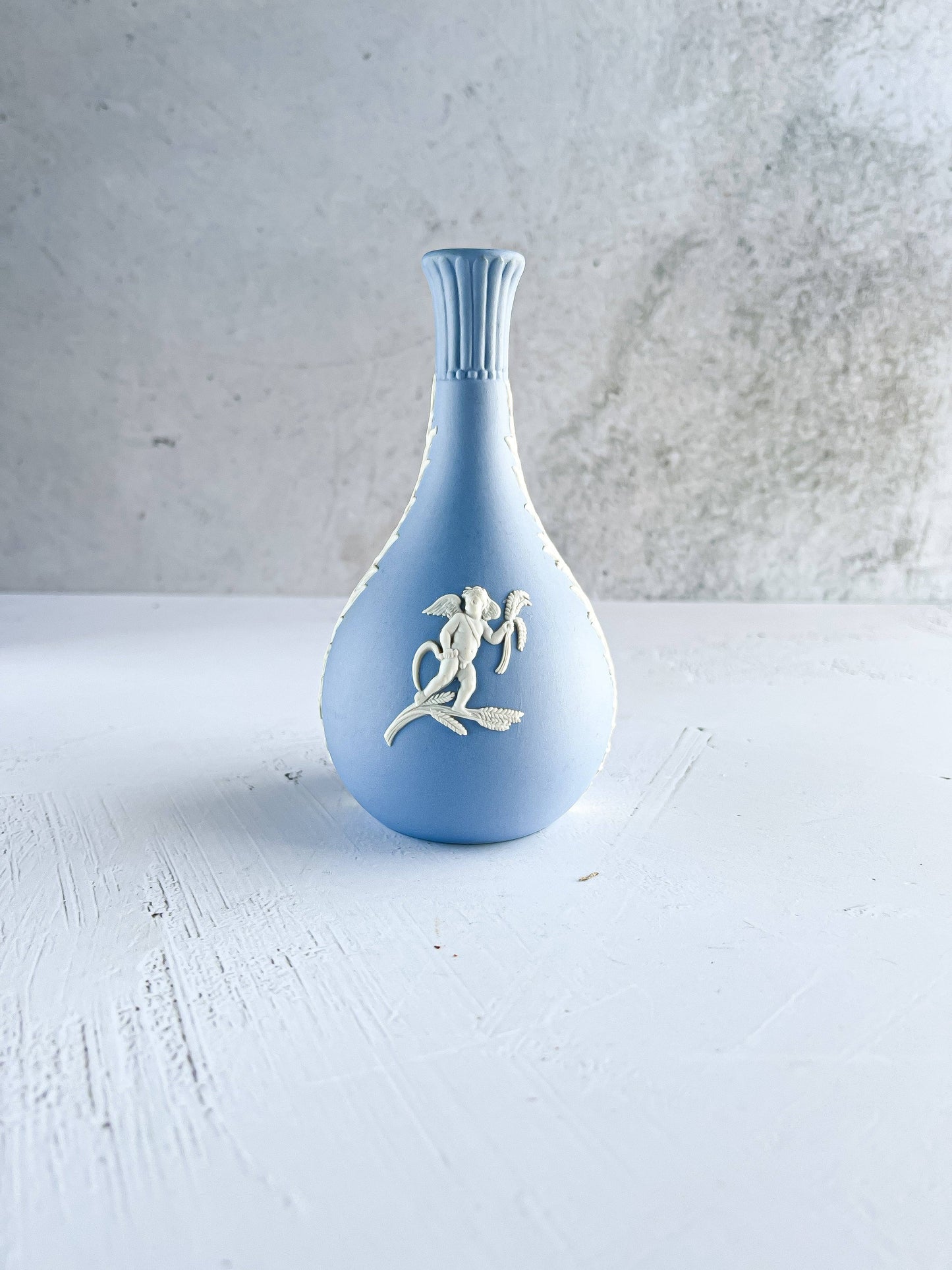 Wedgwood Jasperware Pale Blue Bud Vase - 'Cupid in Fall & Winter' Design - SOSC Home