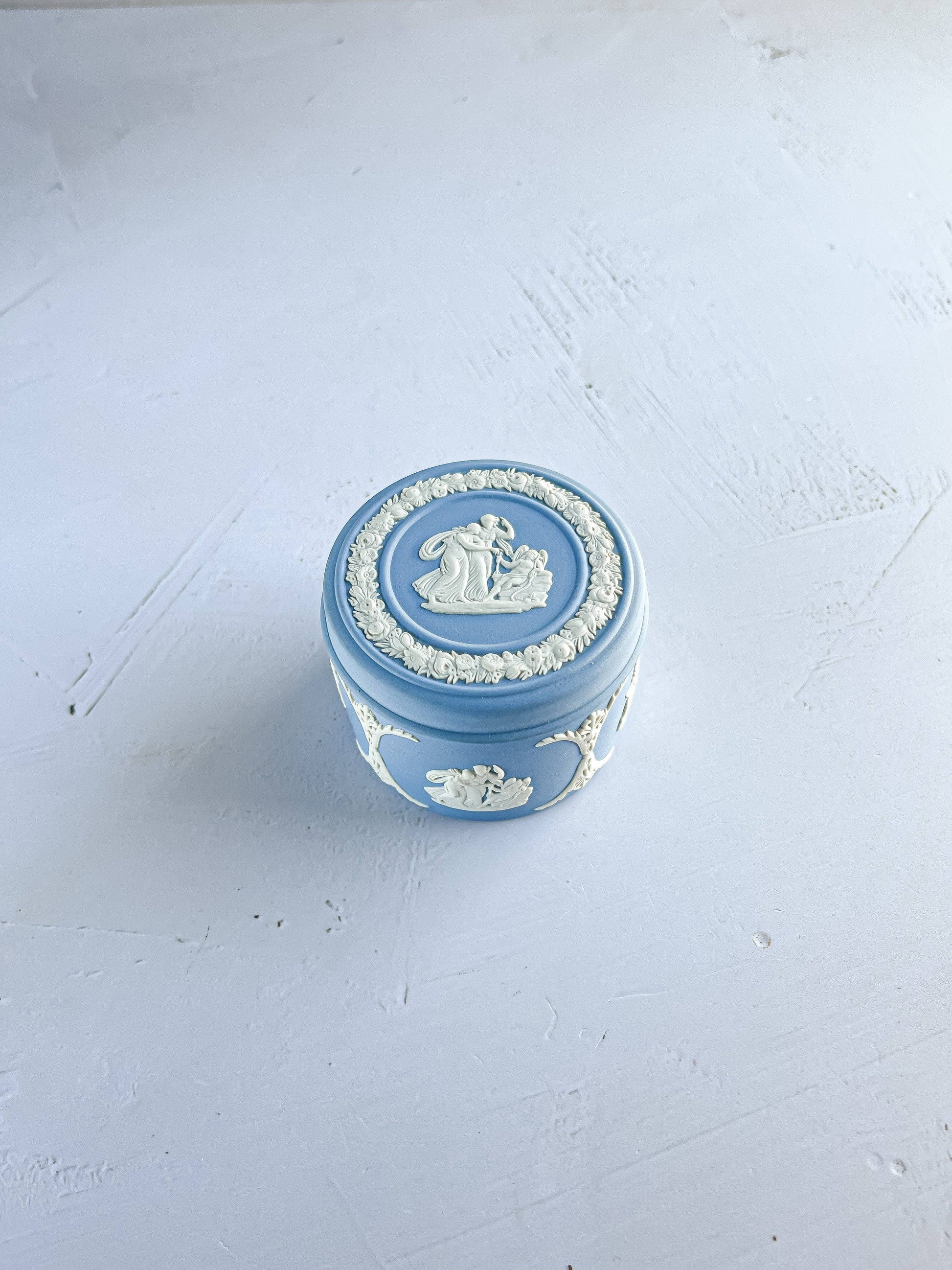 Wedgwood Jasperware Pale Blue Round Box & Lid - 'Pegasus' Design - SOSC Home