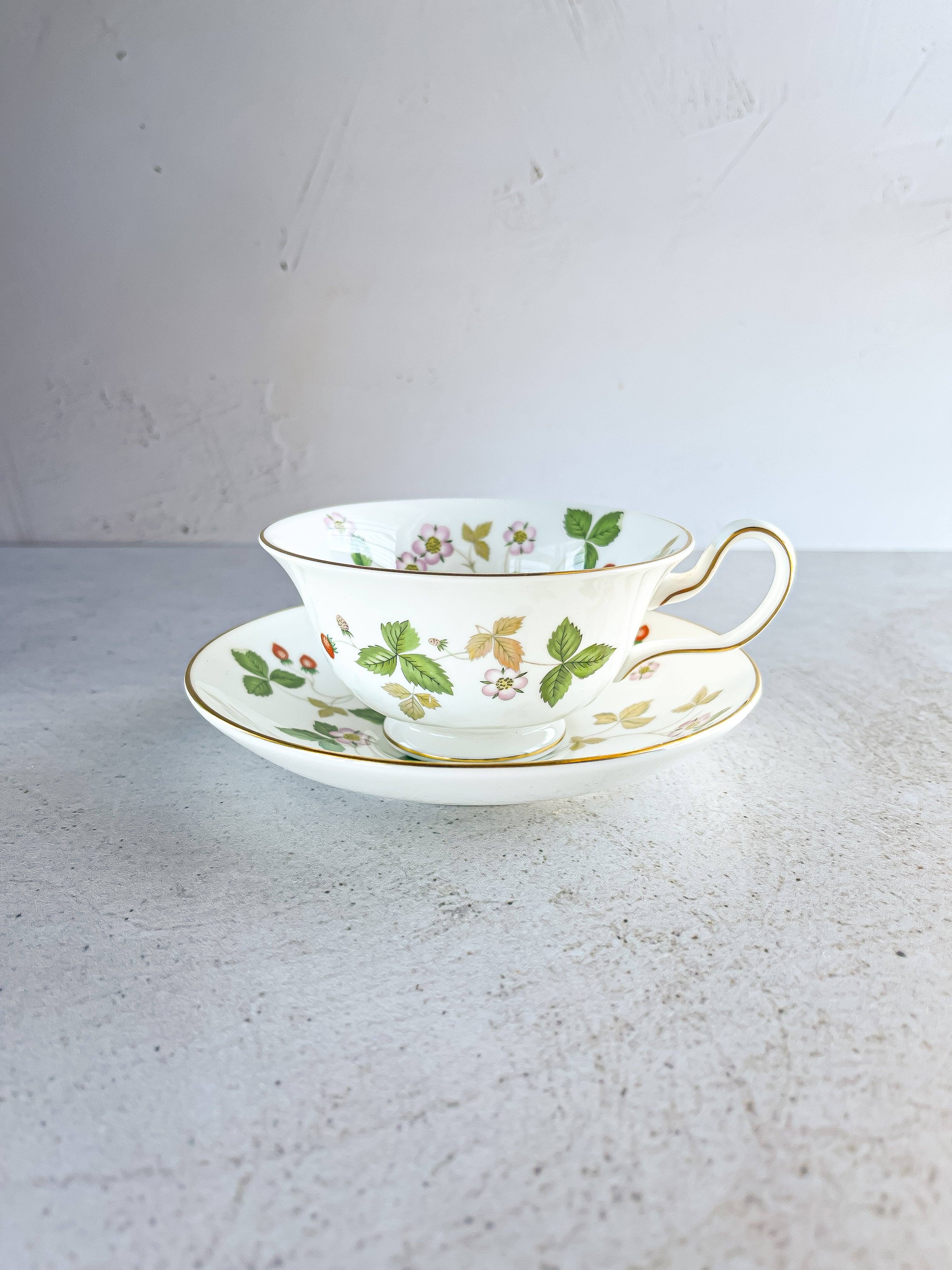 Wedgwood Peony Shape Footed Cup & Saucer Set - 'Wild Strawberry
