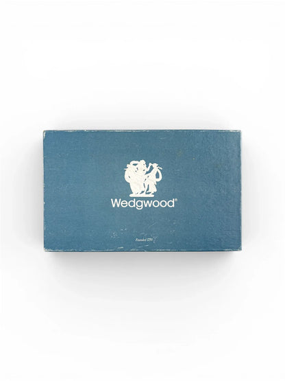 The vintage blue rectangular Wedgwood presentation box with the brand's white logo and "Founded 1759" printed on the lid.