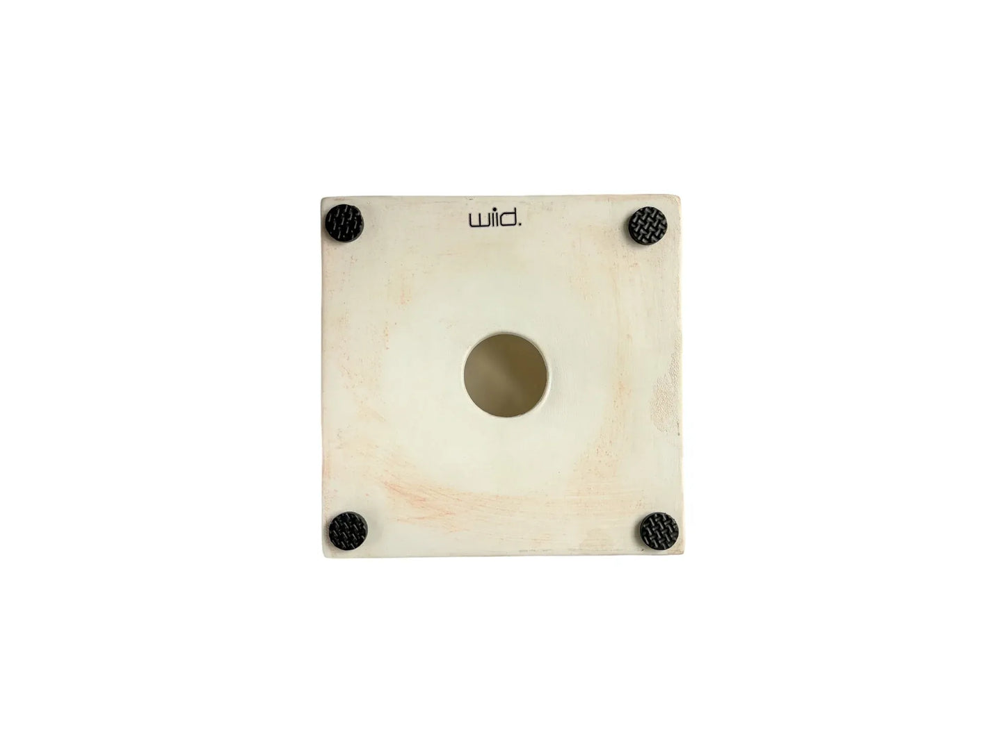 The underside of a square ceramic tile, showing a matte white coloured clay body. The "wiid." maker's mark is stamped at the top, and four black non-slip rubber feet are attached to the corners, with a circular mounting hole in the centre.