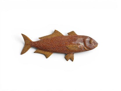 A side-profile view of the sculptural Ice Fish in brown reactive glaze. The finish is a rich, warm chocolate-brown with a dense, shimmering reactive texture that highlights the sculptural ridges of the fins and gills.