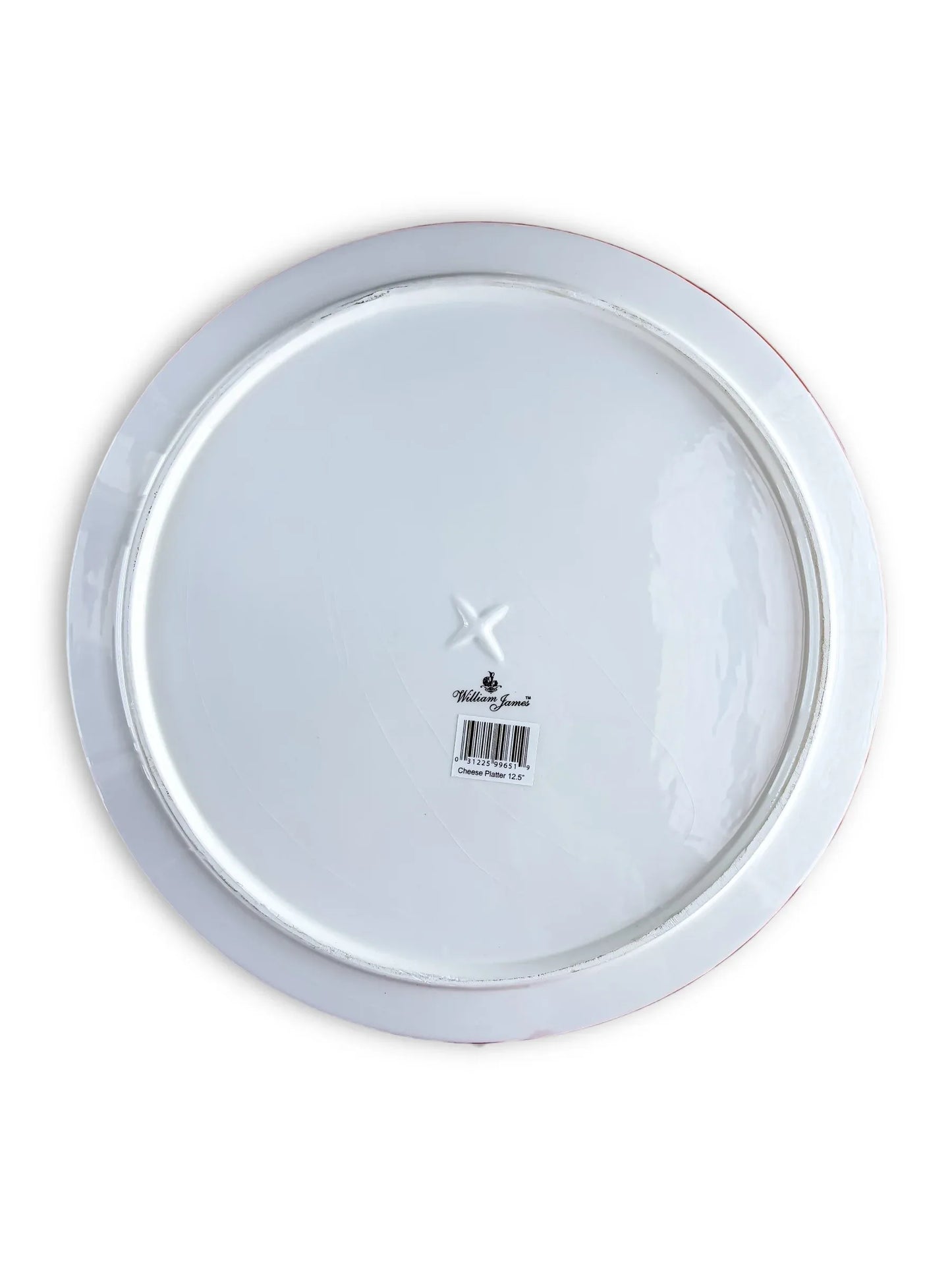 Bottom view of white William James ceramic cheese platter with 12.5-inch diameter and barcode label
