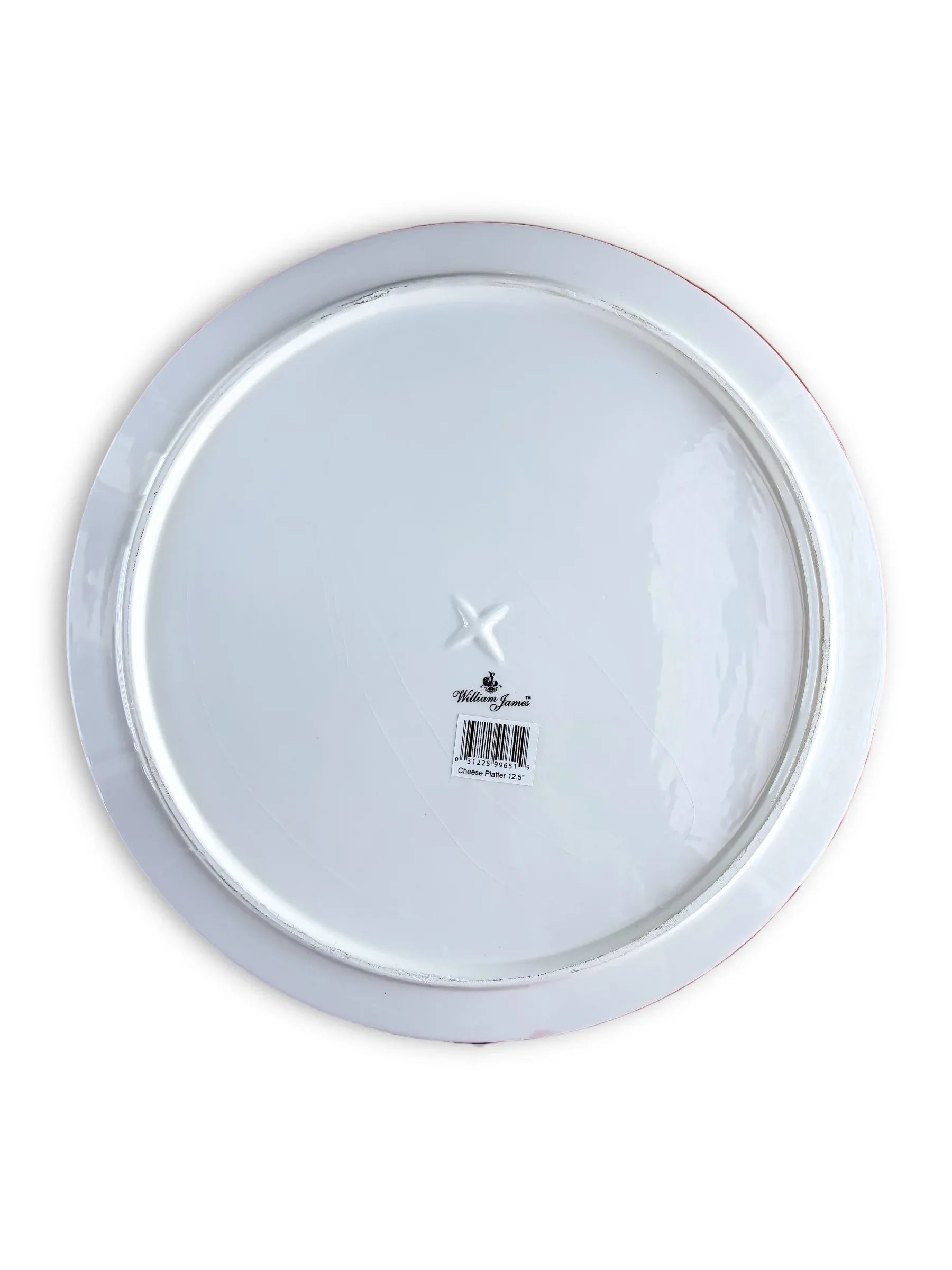 Bottom view of white William James ceramic cheese platter with 12.5-inch diameter and barcode label