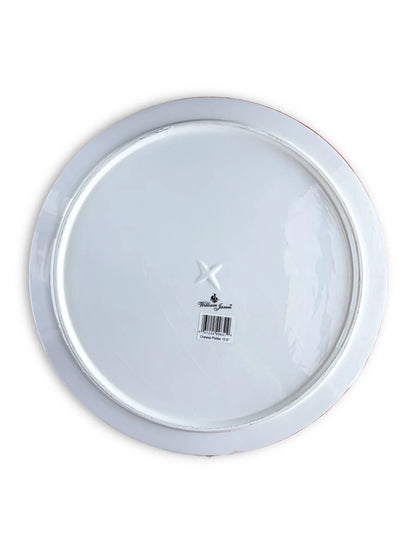 Bottom view of white William James ceramic cheese platter with 12.5-inch diameter and barcode label