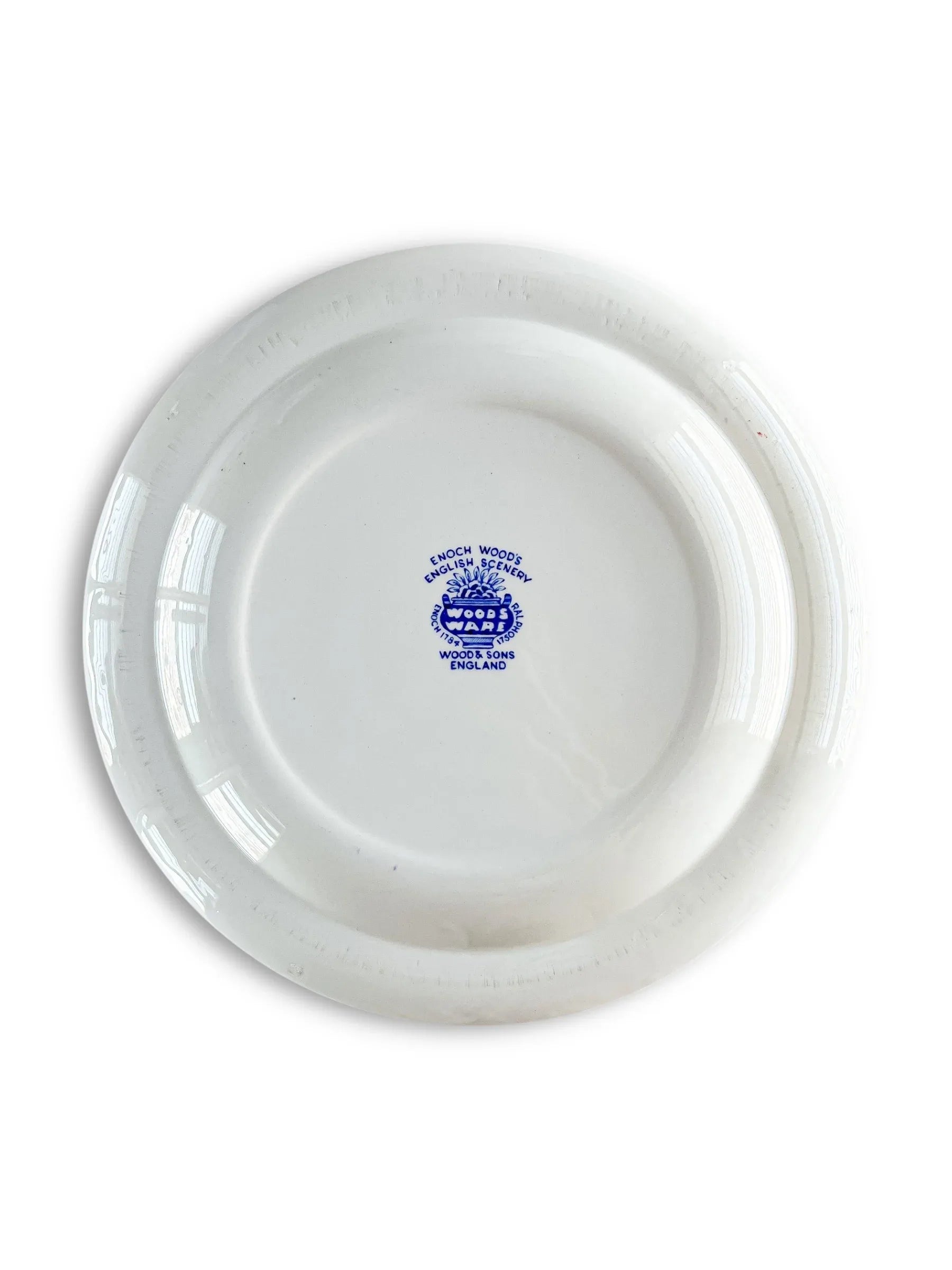 Back of vintage porcelain plate with Enoch Wood’s English Scenery blue maker’s mark