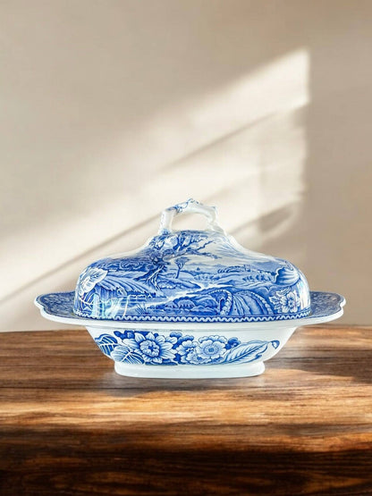 Wood & Sons 'Woodland' Rectangular Covered Vegetable Dish – Blue Transferware, England - SOSC Home